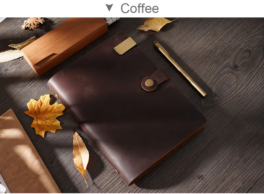 Top Fashion Genuine Leather Rings Notebook A5 Planner With Brass Binder Spiral Sketchbook Snap Button