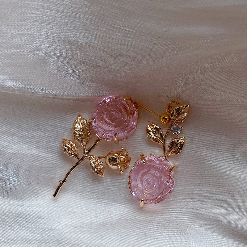 French Vintage Asymmetrical Pink Rose Earrings