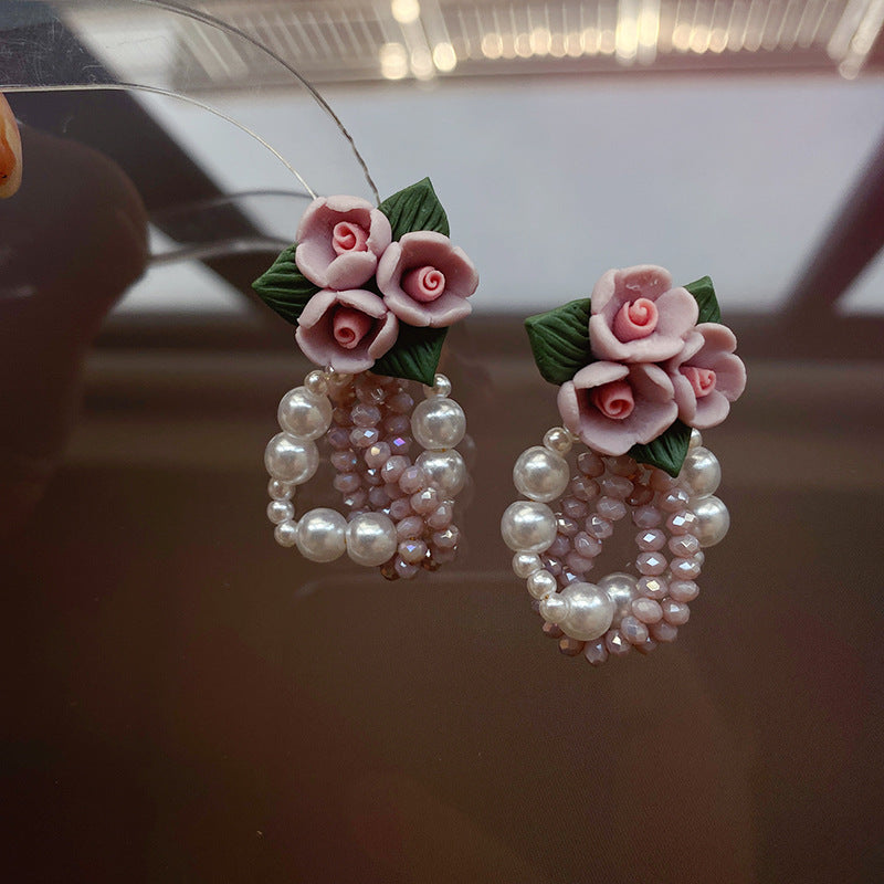 Rose Tea Stud Earrings: Niche Design with Pearl Floral Accents