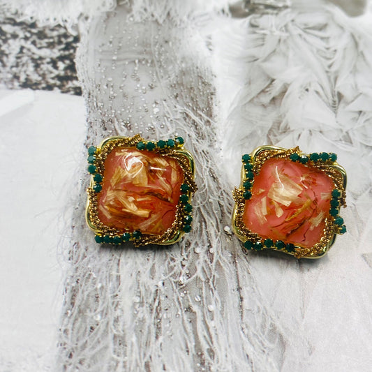Artisanal Eternal Dried Flower Premium Stud Earrings - Red & Green Tones, S925 Silver Needle