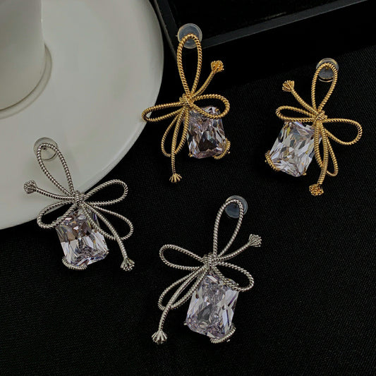 Twisted Rope Knot Bow with Large Gemstone Pendant Earrings