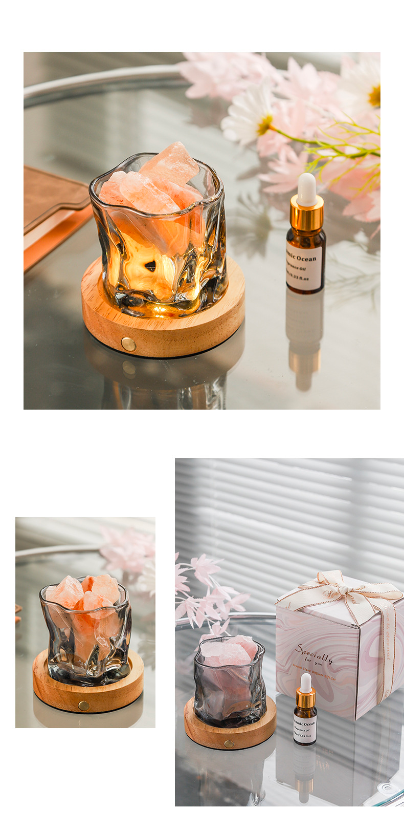 Rechargeable Aroma Lamp with Aromatherapy Essential Oil Diffuser Stone, Long-lasting Indoor Home Fragrance Crystal Ornament without Fire