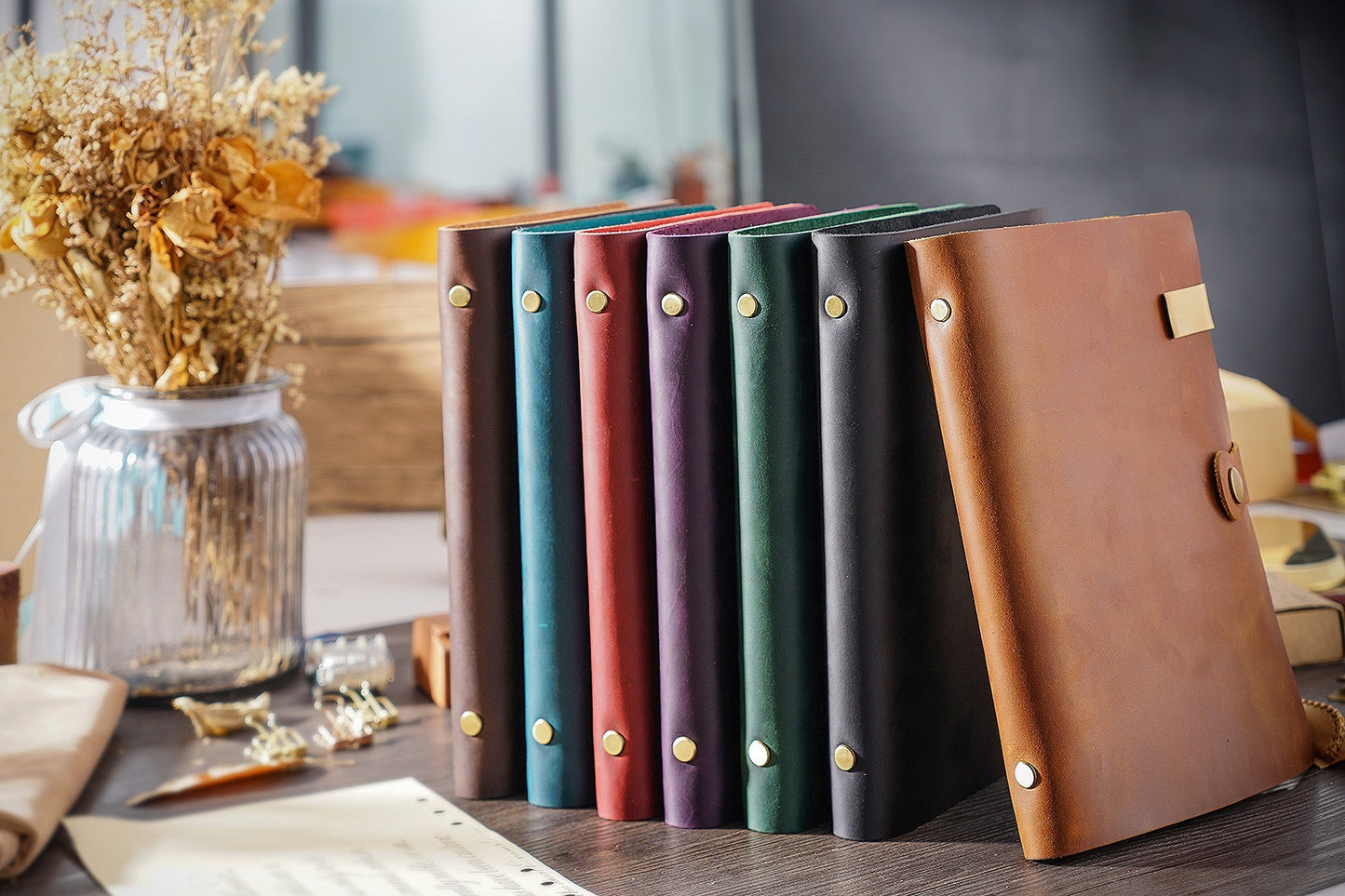 Top Fashion Genuine Leather Rings Notebook A5 Planner With Brass Binder Spiral Sketchbook Snap Button