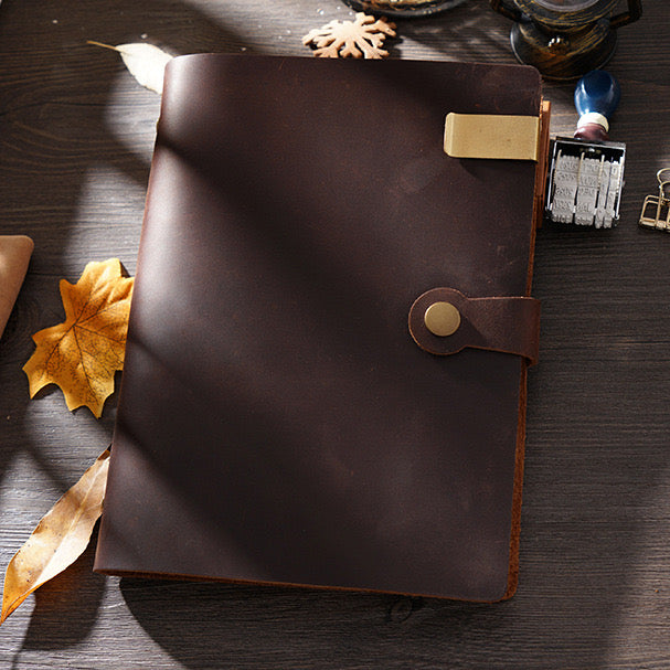 Top Fashion Genuine Leather Rings Notebook A5 Planner With Brass Binder Spiral Sketchbook Snap Button