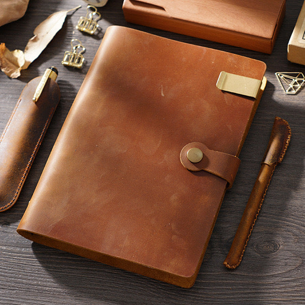 Top Fashion Genuine Leather Rings Notebook A5 Planner With Brass Binder Spiral Sketchbook Snap Button