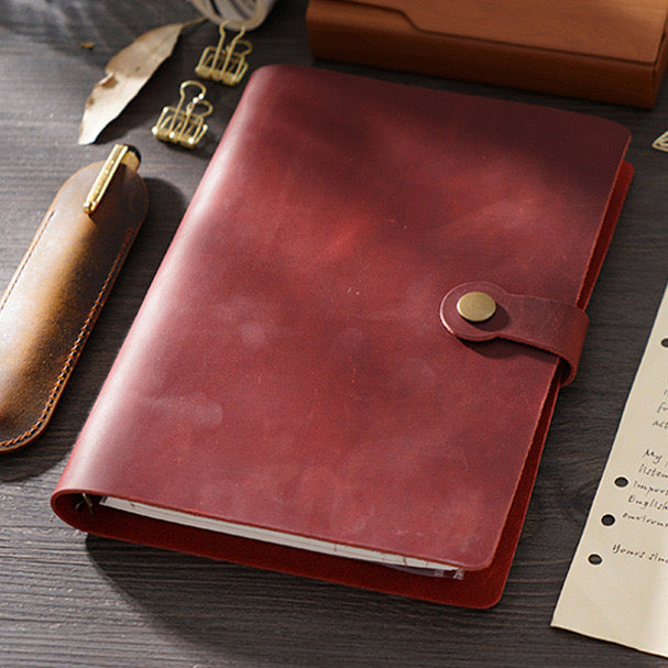 Top Fashion Genuine Leather Rings Notebook A5 Planner With Brass Binder Spiral Sketchbook Snap Button