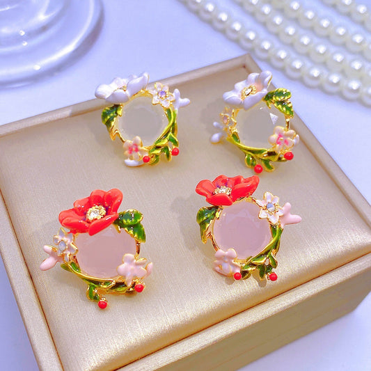 Handcrafted Italian Enamel Tulip Earrings with Hand-painted Countryside Floral Design, Exuding Sweet and Elegant Charm