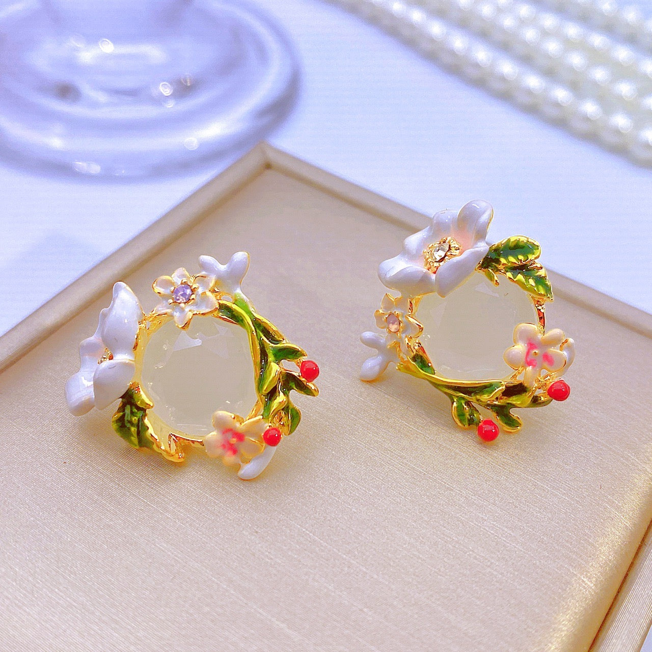 Handcrafted Italian Enamel Tulip Earrings with Hand-painted Countryside Floral Design, Exuding Sweet and Elegant Charm