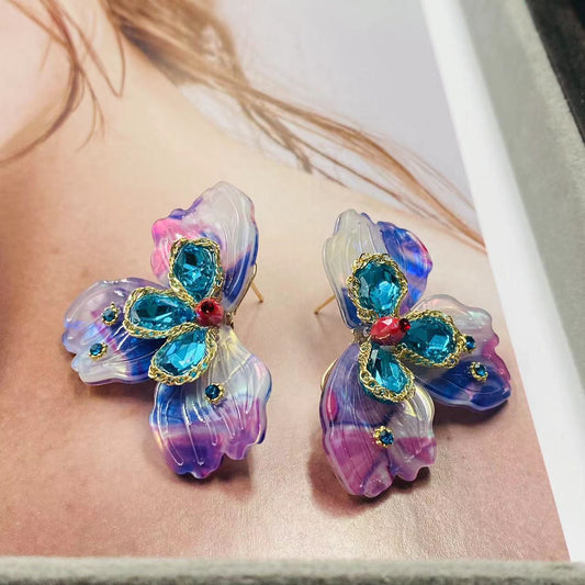 Dazzling Floral-Inspired Earrings with Blue Crystal  925 Silver Needle, Copper Alloy Jewelry