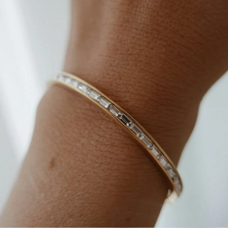 Woman 18K Gold Plated Stainless Steel Square Cubic Zircon Cuff Bracelet Bangle