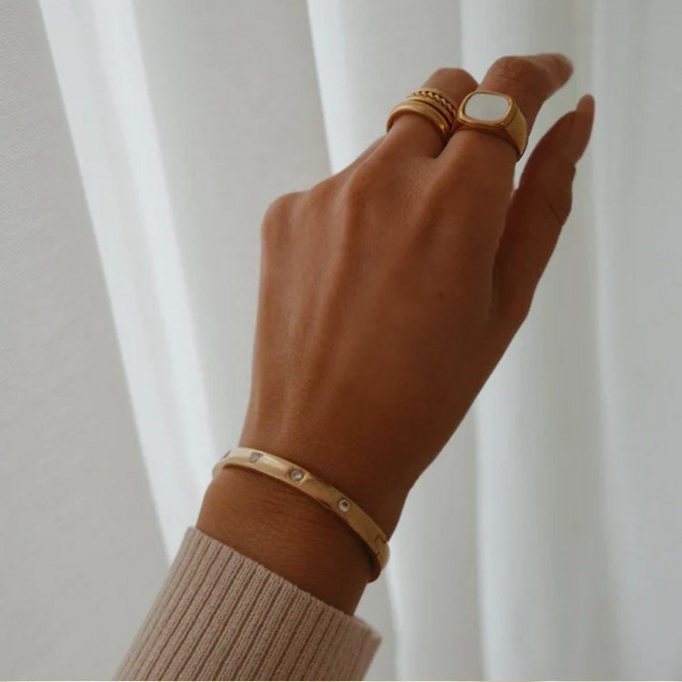 Woman 18K Gold Plated Stainless Steel Square Cubic Zircon Cuff Bracelet Bangle