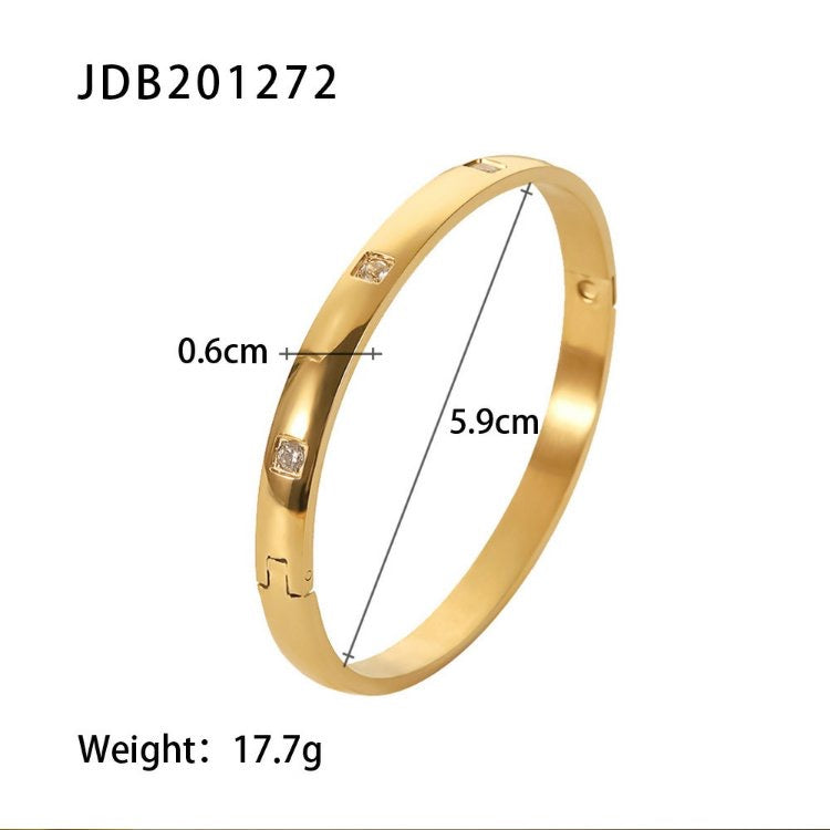 Woman 18K Gold Plated Stainless Steel Square Cubic Zircon Cuff Bracelet Bangle