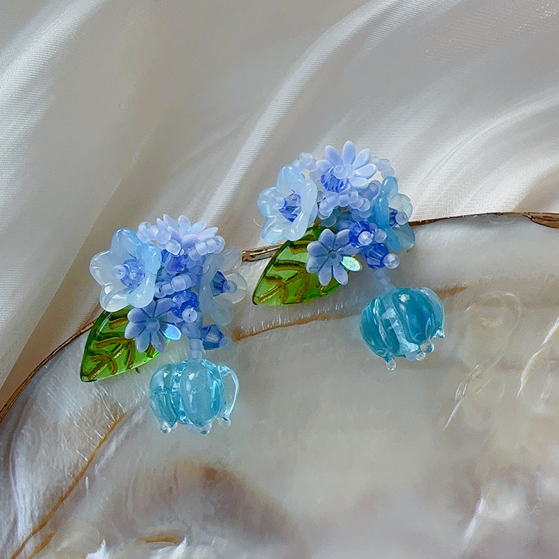 Countryside Fantasy Handwoven 3D Floral Earrings in Serene Blue