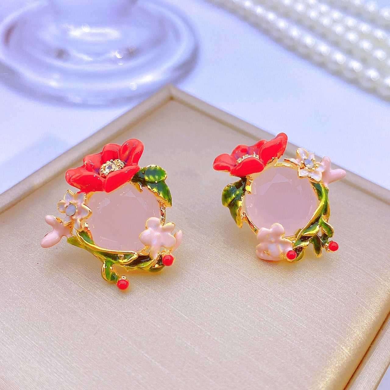 Handcrafted Italian Enamel Tulip Earrings with Hand-painted Countryside Floral Design, Exuding Sweet and Elegant Charm