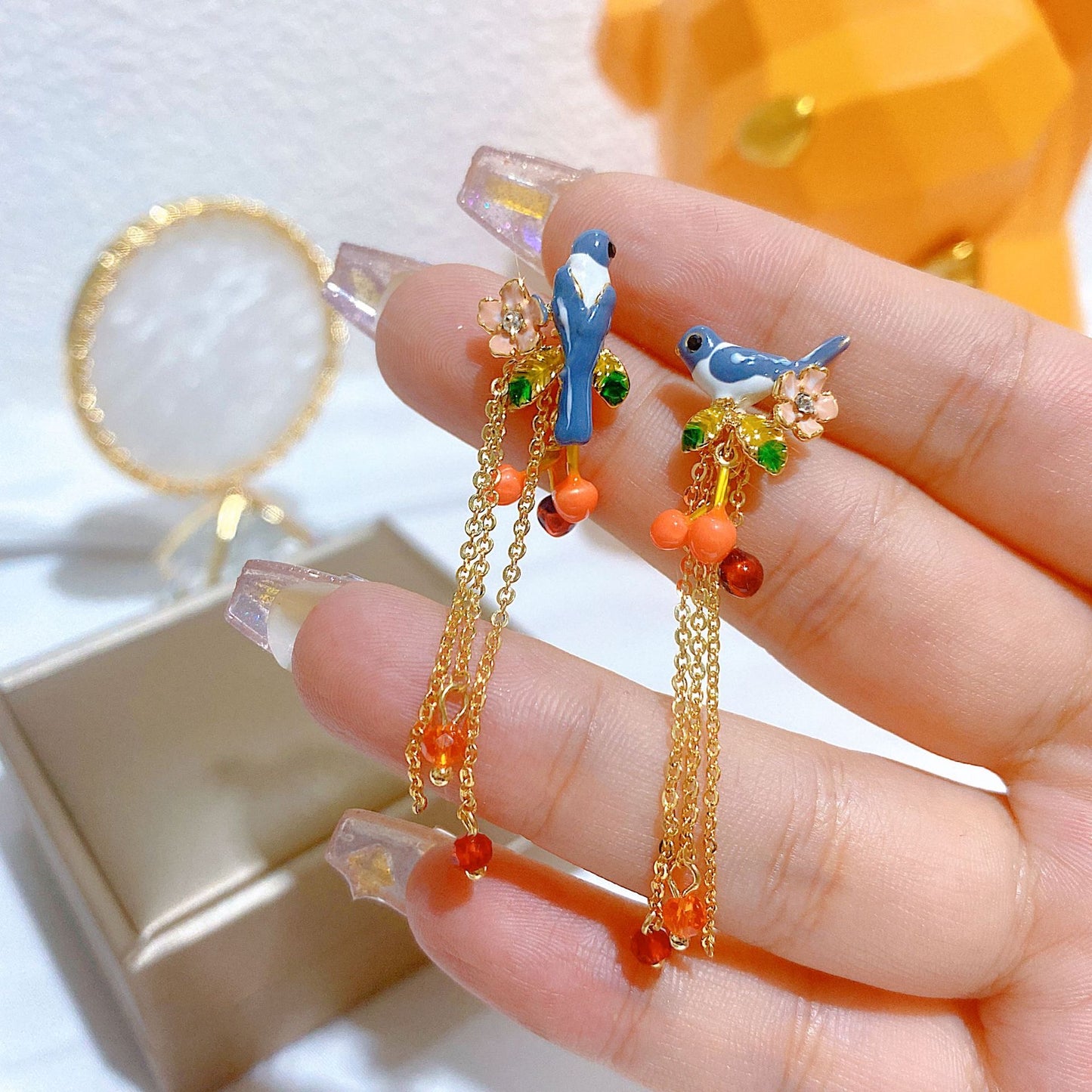 Enamel Bird Sweet and Exquisite Earrings with Colorful Fringes, Unique and Elegant