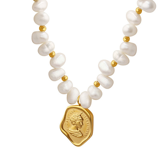 French Irregular Portrait Oval Medallion Collage Freshwater Pearl Necklace: Vintage, Bold, and Unique Collarbone Chain