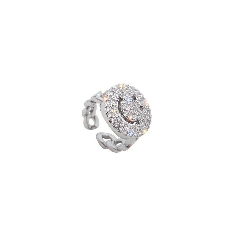 Diamond-Encrusted Smiley Face Ring: Chic and Trendy Split Shank Index Finger Ring