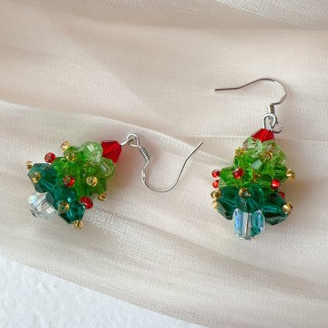 Handcrafted Beaded Festive Red Bow Christmas Tree Earrings with New Year's Vibe