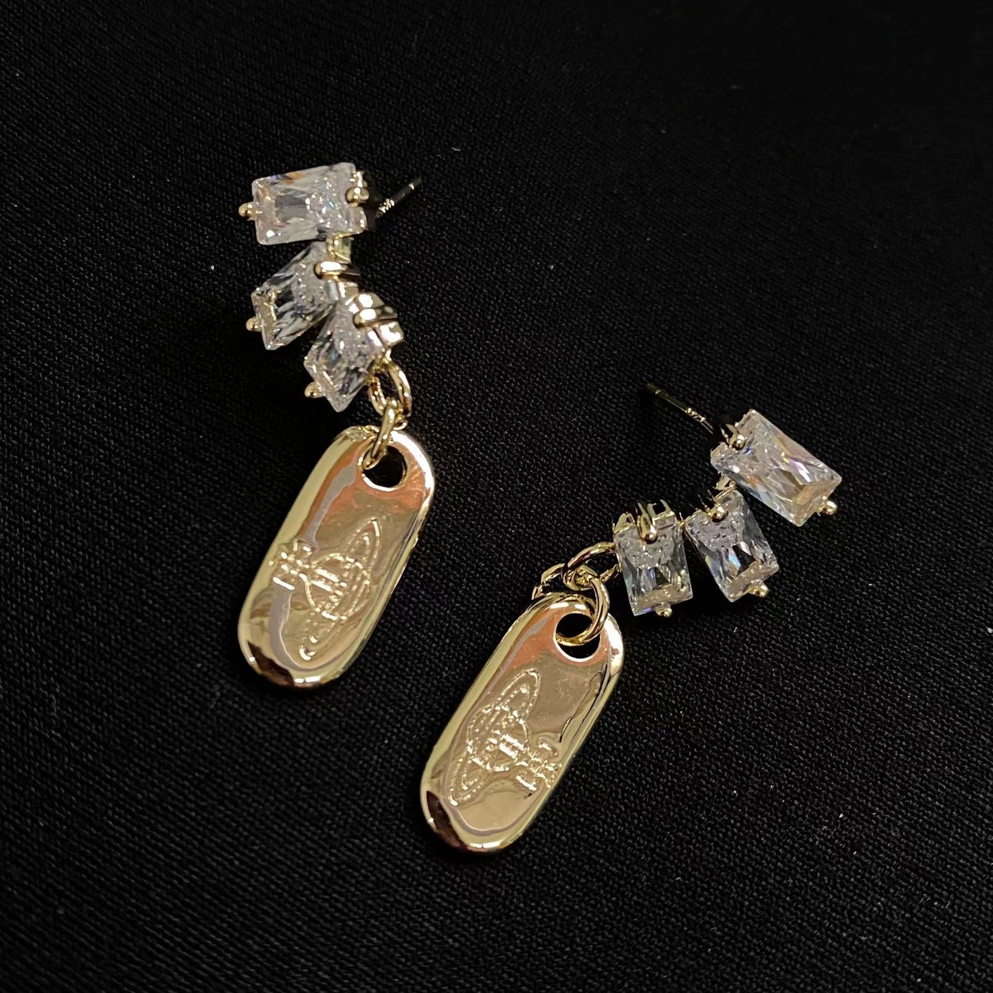 Irregular Full Zirconia Square Saturn Pendant Earrings