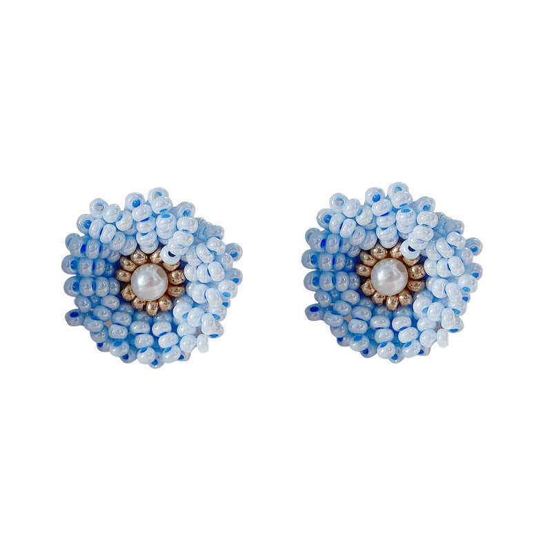 Creamy Beaded Blue Floral Creations Handcrafted Clip-on Earrings or Pierced Earrings