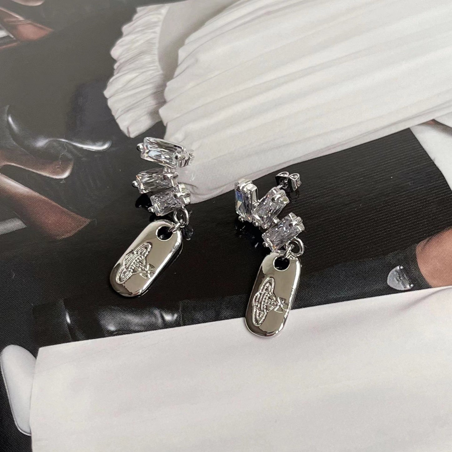 Irregular Full Zirconia Square Saturn Pendant Earrings