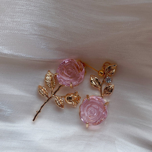 French Vintage Asymmetrical Pink Rose Earrings