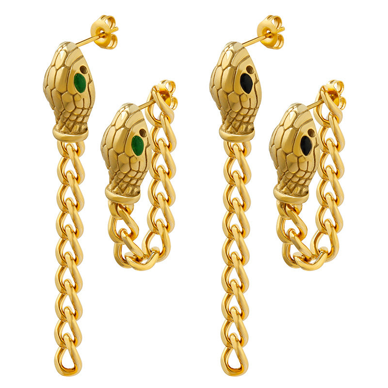 Cool and Edgy Creative Black-Green Eye Serpent Head Earrings with Thick Chain, Titanium Steel for Trendy Non-Conformist Style