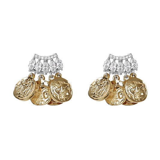 Grecian-Inspired Portrait Pattern Gold Coin Earrings