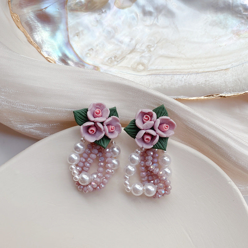 Rose Tea Stud Earrings: Niche Design with Pearl Floral Accents