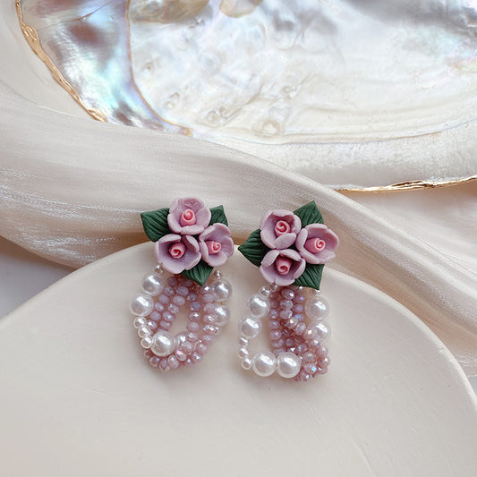 Rose Tea Stud Earrings: Niche Design with Pearl Floral Accents