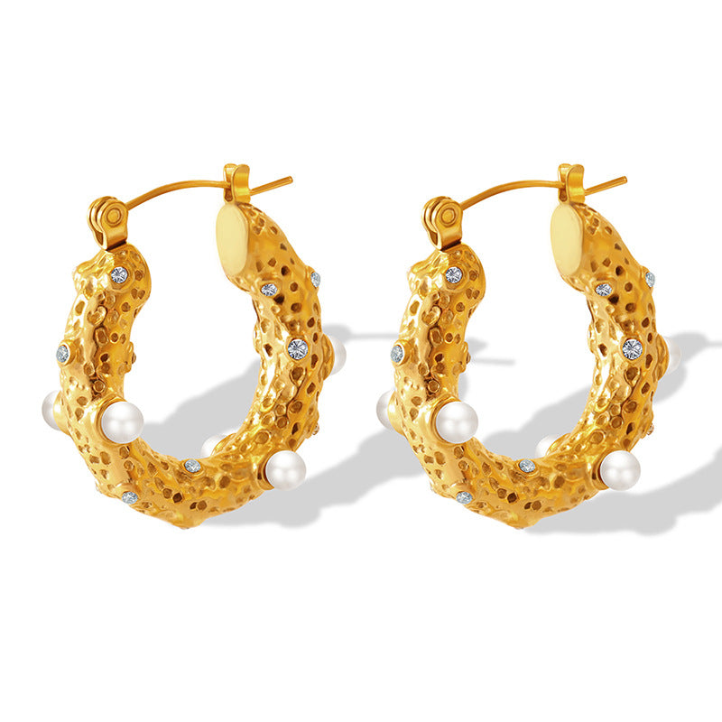 Artisan-Crafted French-Style Hammered Texture U-Shaped Earrings with Faux Pearls and Zircon Embellishments