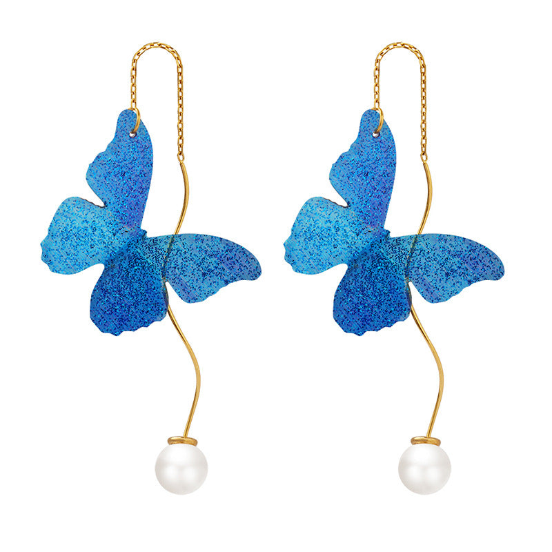 Enchanting Forest-Inspired Fairy Butterfly French Elegance: Titanium Gold-Plated Faux Pearl Ear Thread Earrings