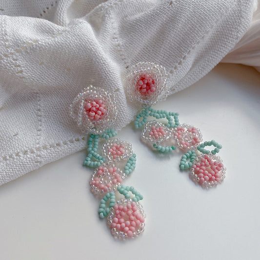 Statement Vacation Vibes: Long Dramatic Heart-Rose Beaded Earrings