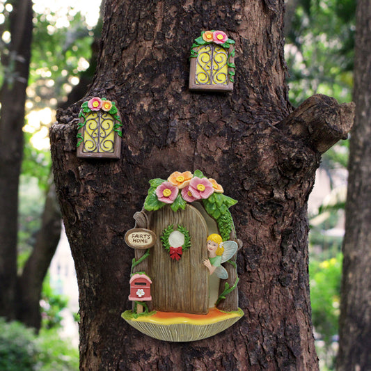 Night Glow Fairy Door and Window Hanging, Creative Resin Garden Tree Ornament