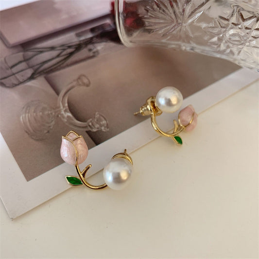 Back-Hanging Pink Tulip Pearl Earrings: Exquisite Beauty and Elegance