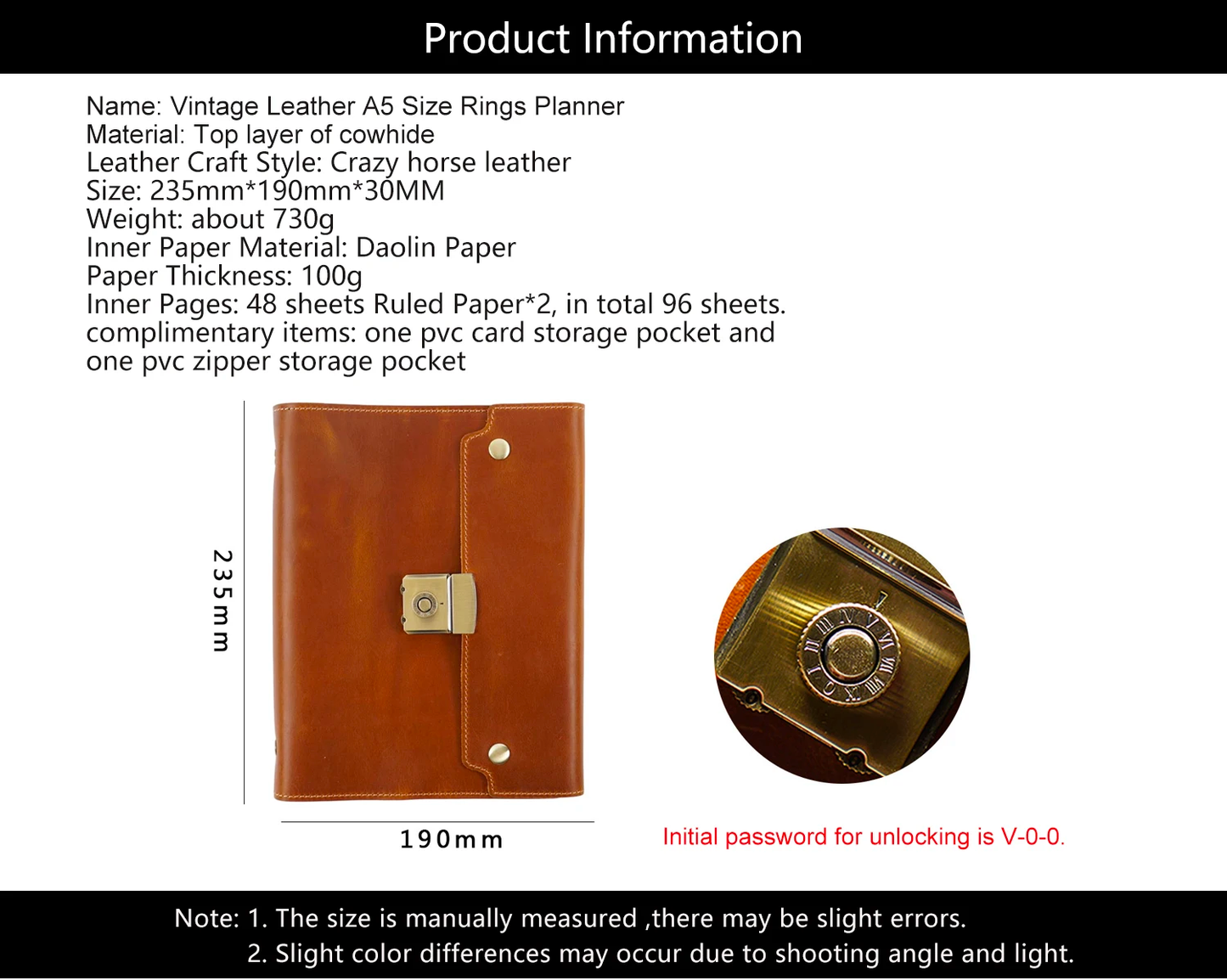 Cowhide A5 Rings Planner Retro Password Book with Lock Diary