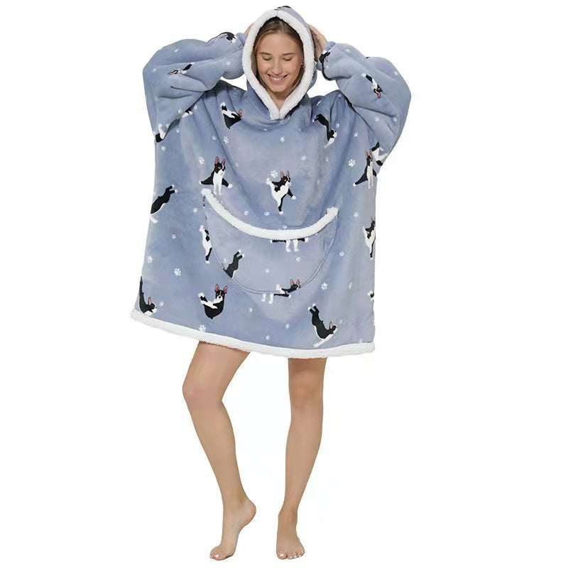 Fleece-Lined Lazy Blanket Hoodie in Flannel and Sherpa, TV Television Blanket with Hood, Outdoor Lazywear for Warmth and Comfort