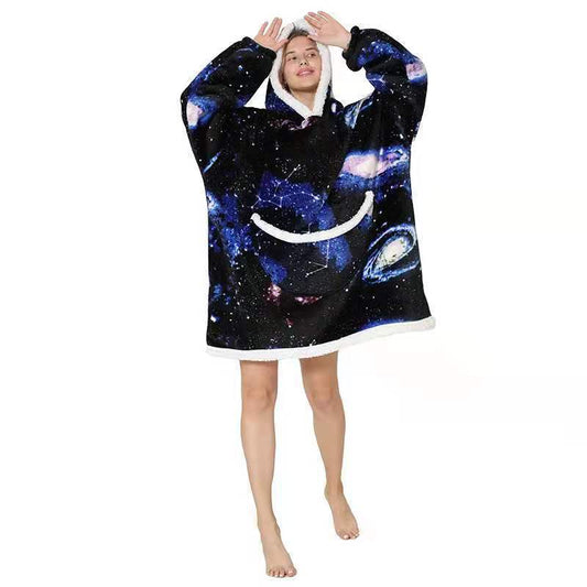 Fleece-Lined Lazy Blanket Hoodie in Flannel and Sherpa, TV Television Blanket with Hood, Outdoor Lazywear for Warmth and Comfort