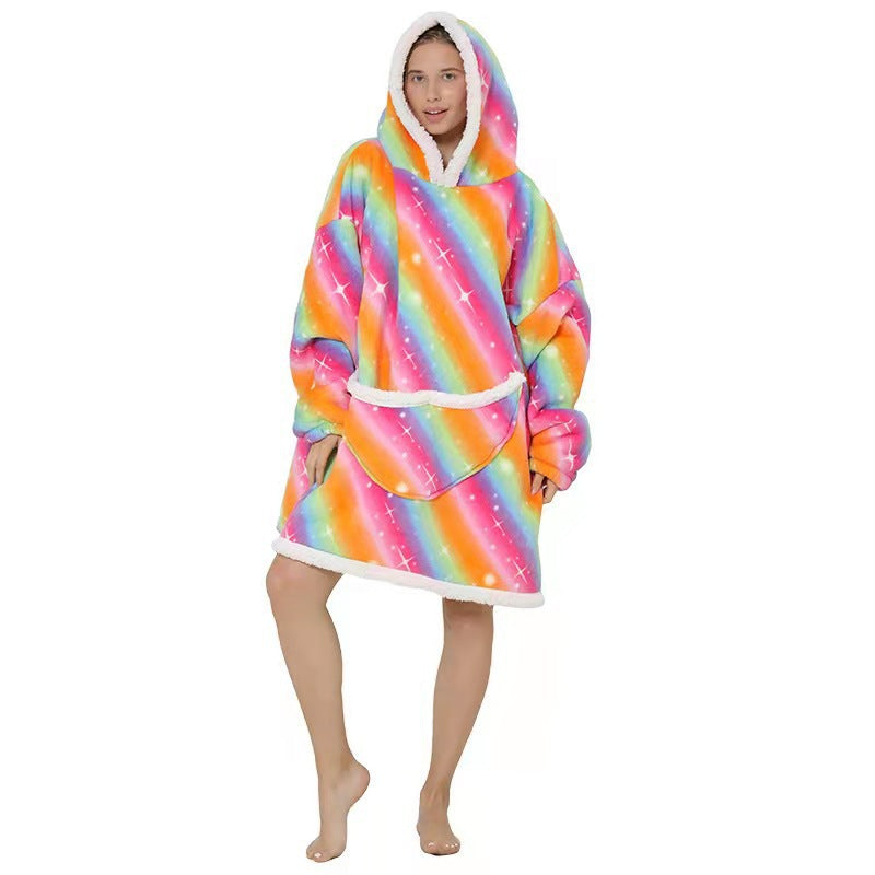 Fleece-Lined Lazy Blanket Hoodie in Flannel and Sherpa, TV Television Blanket with Hood, Outdoor Lazywear for Warmth and Comfort