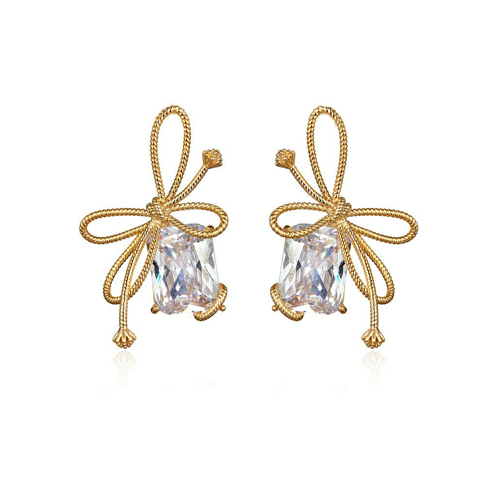 Twisted Rope Knot Bow with Large Gemstone Pendant Earrings