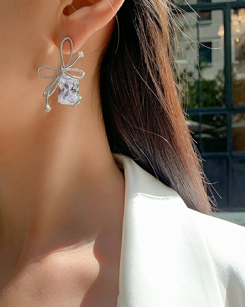 Twisted Rope Knot Bow with Large Gemstone Pendant Earrings