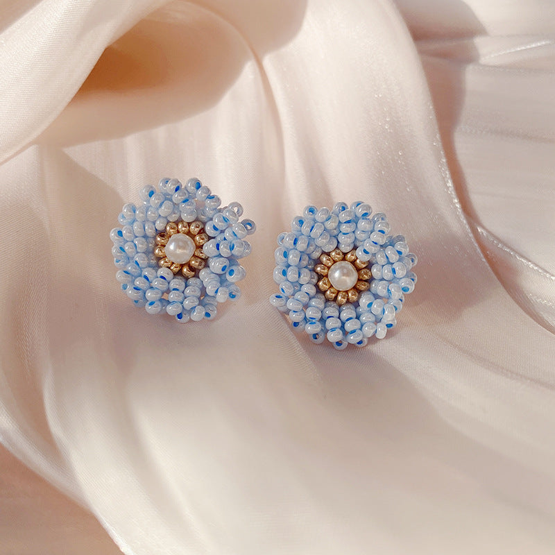 Creamy Beaded Blue Floral Creations Handcrafted Clip-on Earrings or Pierced Earrings