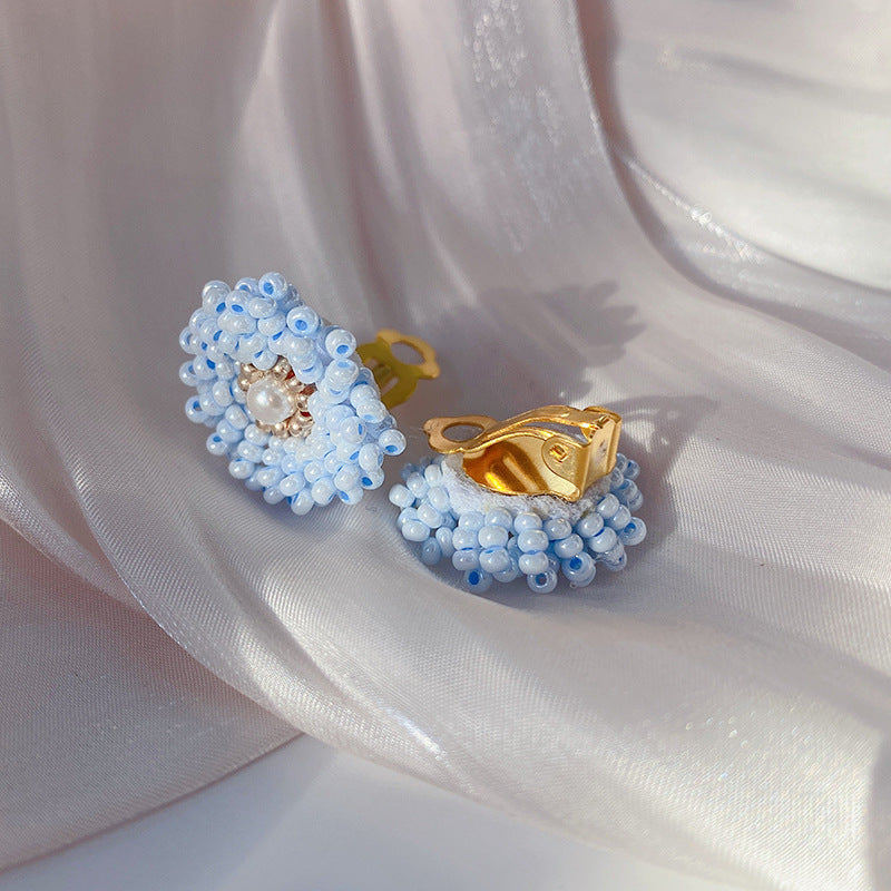 Creamy Beaded Blue Floral Creations Handcrafted Clip-on Earrings or Pierced Earrings